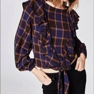 Nicole Miller Blue and Brown Plaid Ruffle Blouse